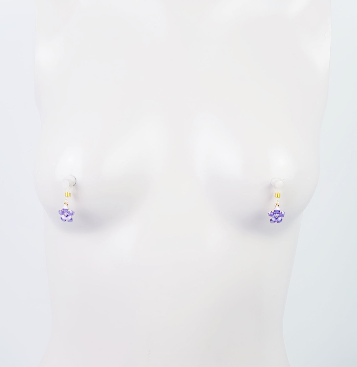 Non Piercing Nipple Noose Dangles with Purple Flowers. Fake Nipple Rings