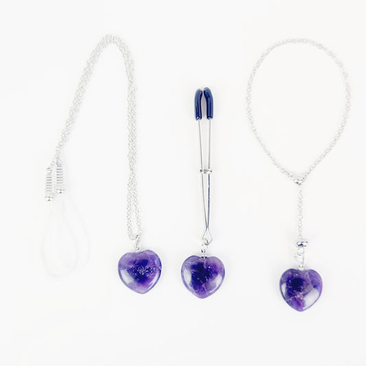 Non Piercing Intimate Jewelry Set for Couple. Nipple Chain on Nooses or Clamps, Tweezer Clit Clamp, and Penis Chain Noose with Heart