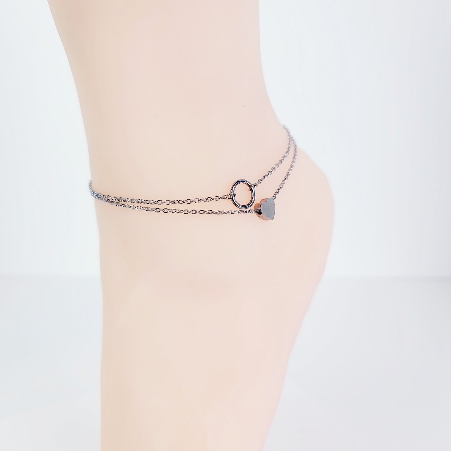 Stainless Steel Circle of O and Heart Double Strand Anklet. Discreet Anklet Day Collar for BDSM Submissive.