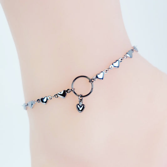 Circle of O Discreet Day Collar Anklet for BDSM Submissive, Stainless Steel Heart Chain. 100% Stainless Steel