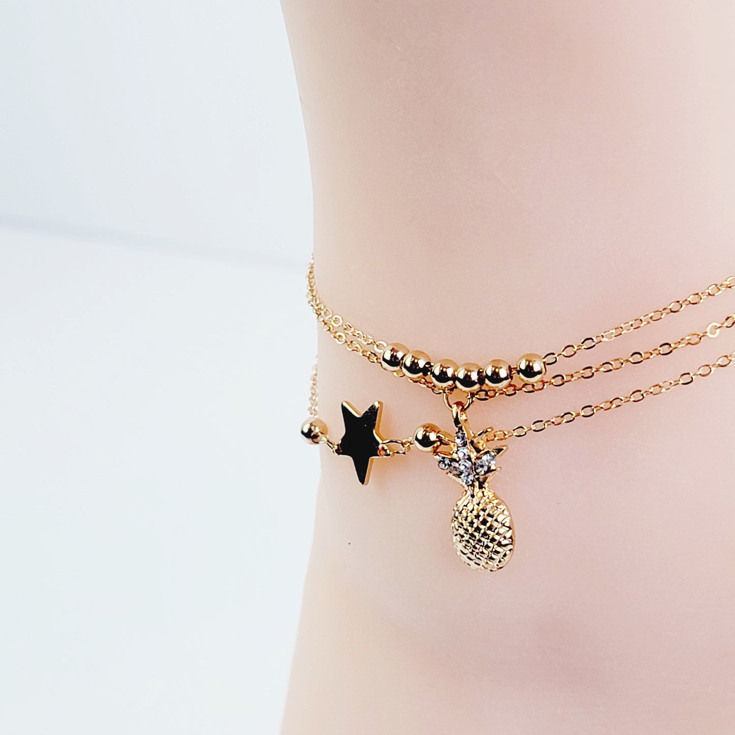 Sexy Silver or Gold Multi Chained Star and Pineapple Anklet