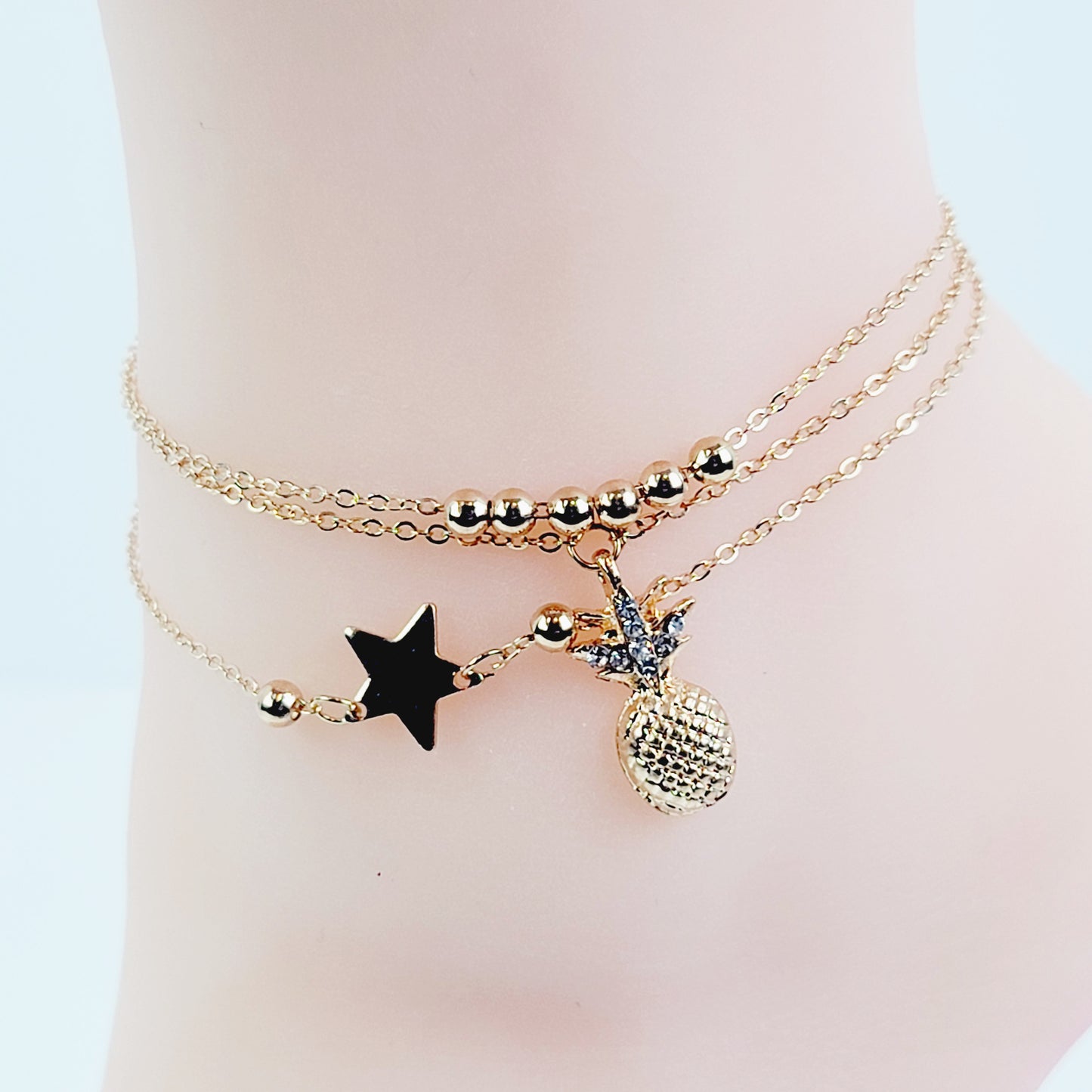 Sexy Silver or Gold Multi Chained Star and Pineapple Anklet