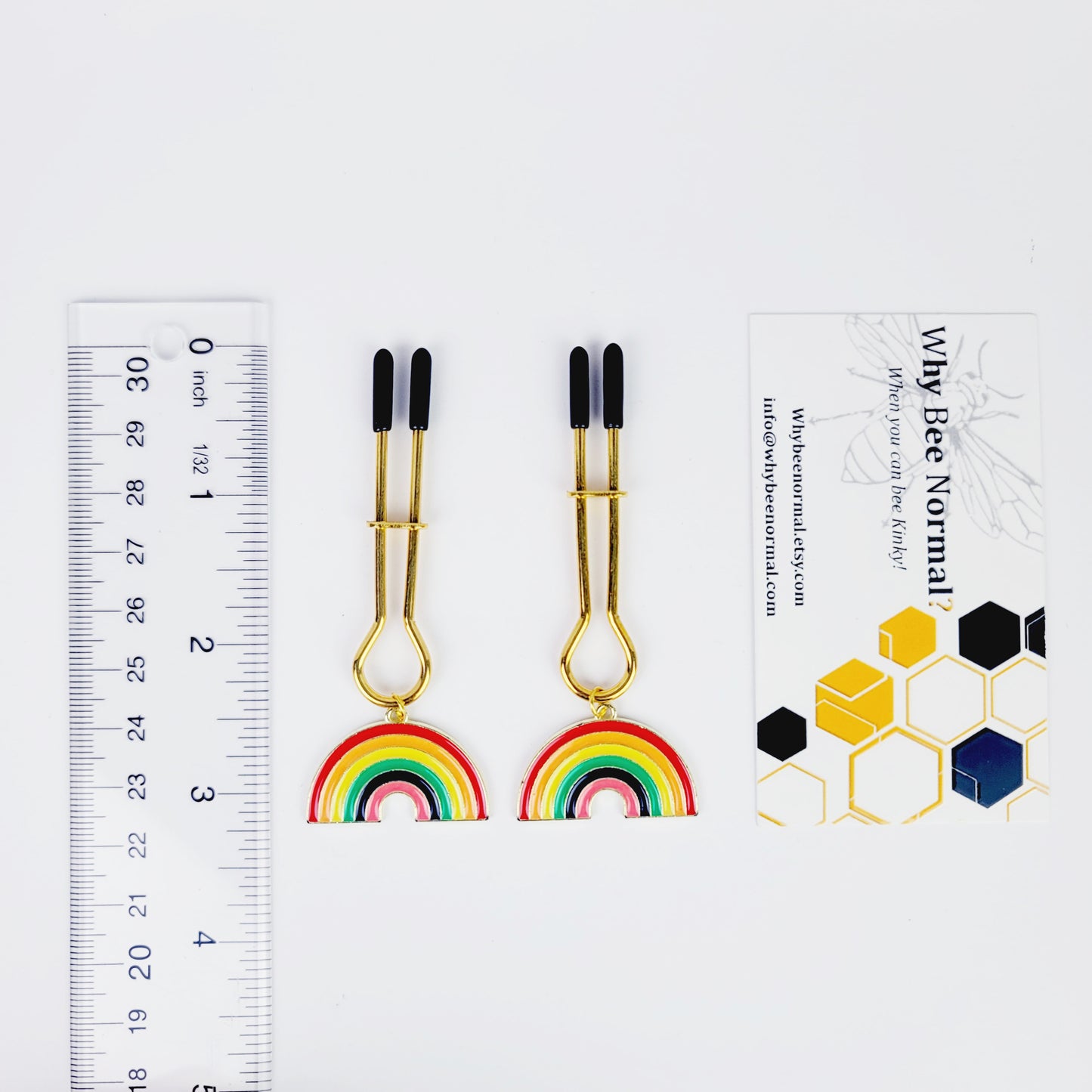 Rainbow Nipple Clamps, Gold, Straight Tweezer Clamp.