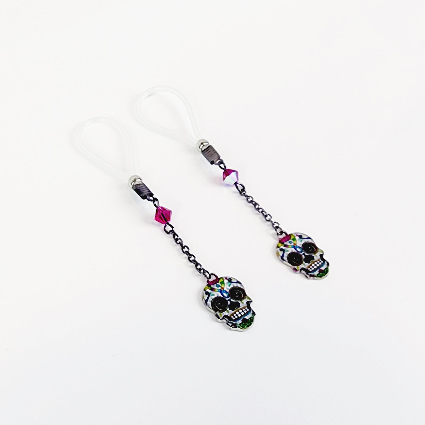 Non Piercing Nipple Dangles or Clamps with Crystal and Sugar Skull. Not Pierced Nipple Jewelry. MATURE, BDSM