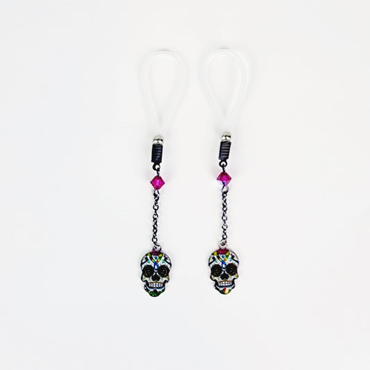 Non Piercing Nipple Dangles or Clamps with Crystal and Sugar Skull. Not Pierced Nipple Jewelry. MATURE, BDSM