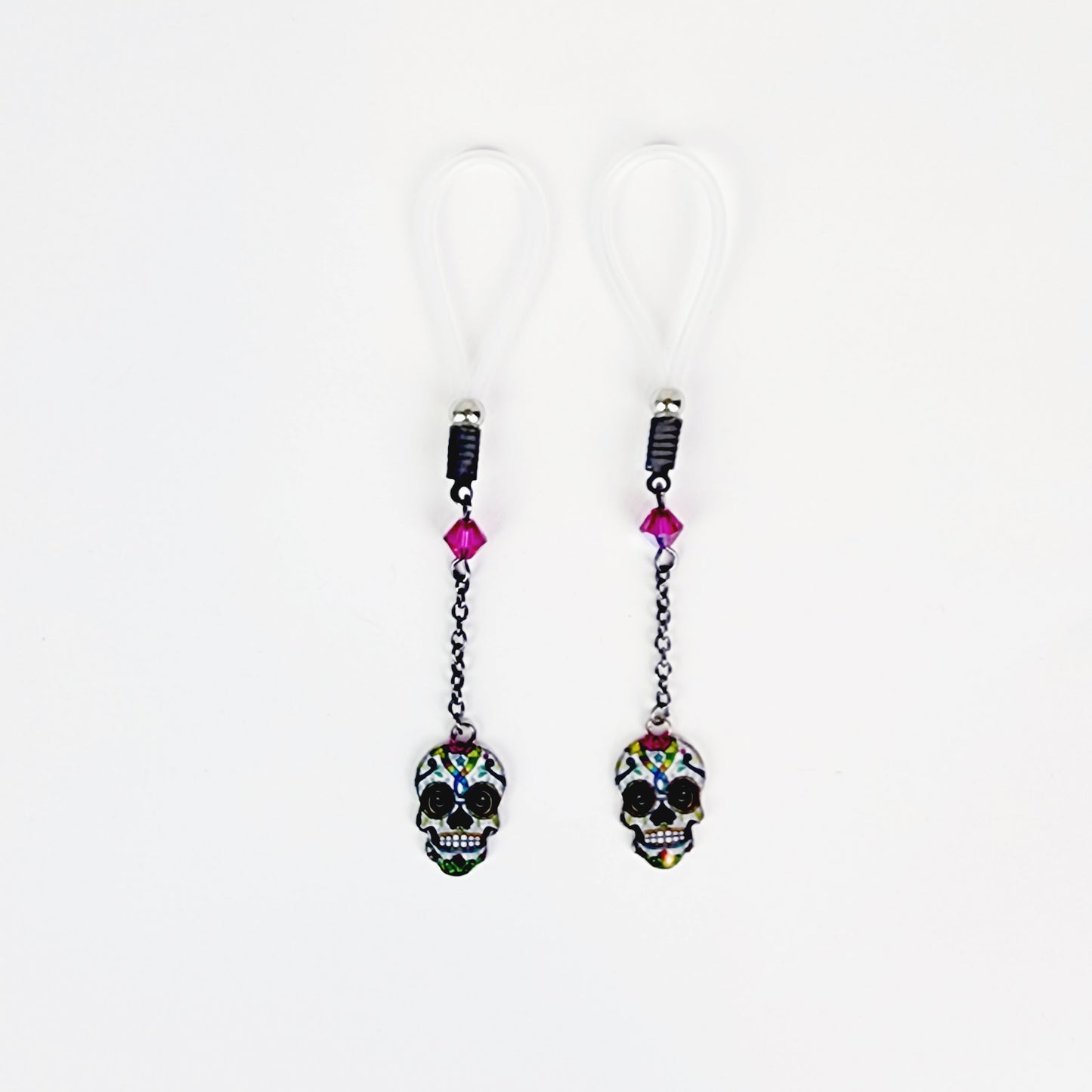 Non Piercing Nipple Dangles and Clitoral Clamp with Sugar Skulls. Nipple Nooses or Choice of Nipple Clamps and Tweezer Clit Clamp. MATURE
