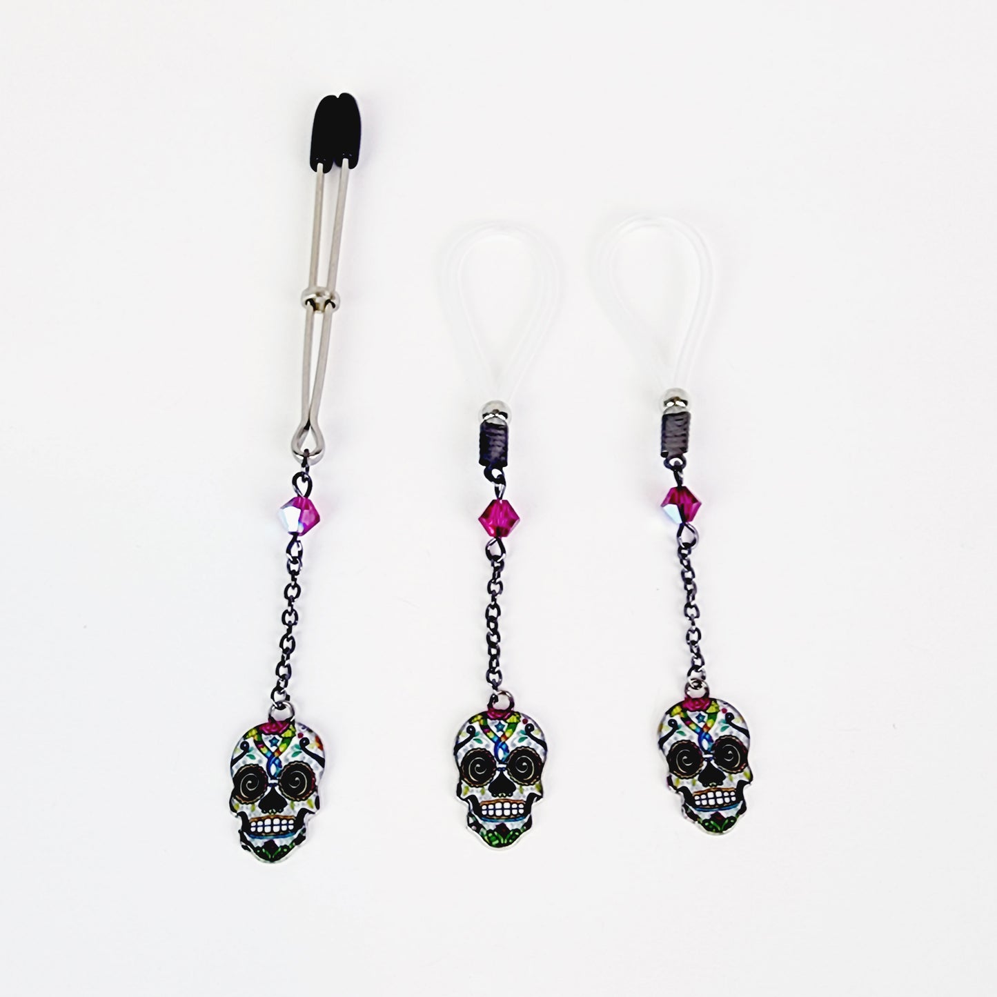 Non Piercing Nipple Dangles and Clitoral Clamp with Sugar Skulls. Nipple Nooses or Choice of Nipple Clamps and Tweezer Clit Clamp. MATURE