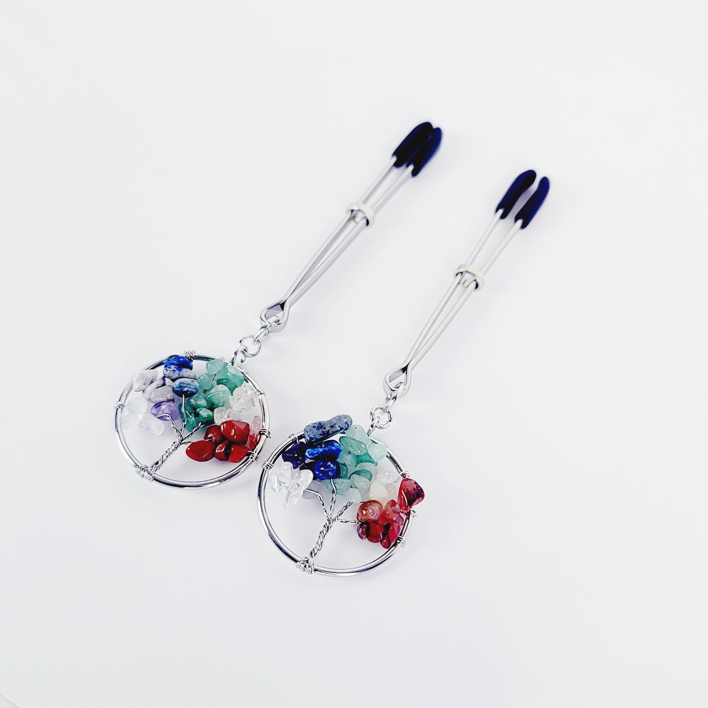 Nipple Clamps with Gemstone Tree of Life Pendant. Shown on Tweezer Clamps. Non-Piercing Nipple.