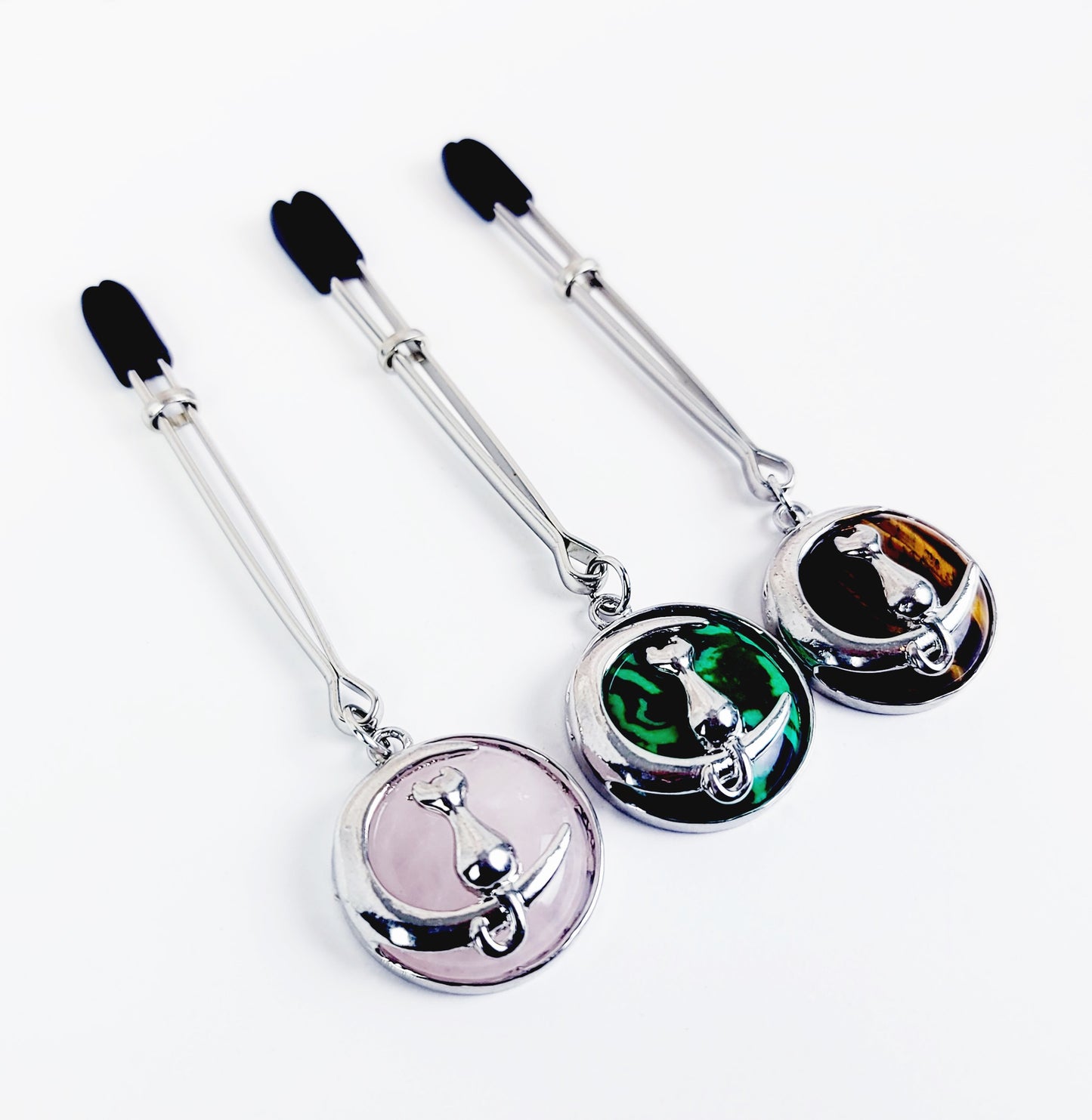 Tweezer Clit Clamp with Cat on Moon Crystal Pendant. BDSM Clitoral Clamp