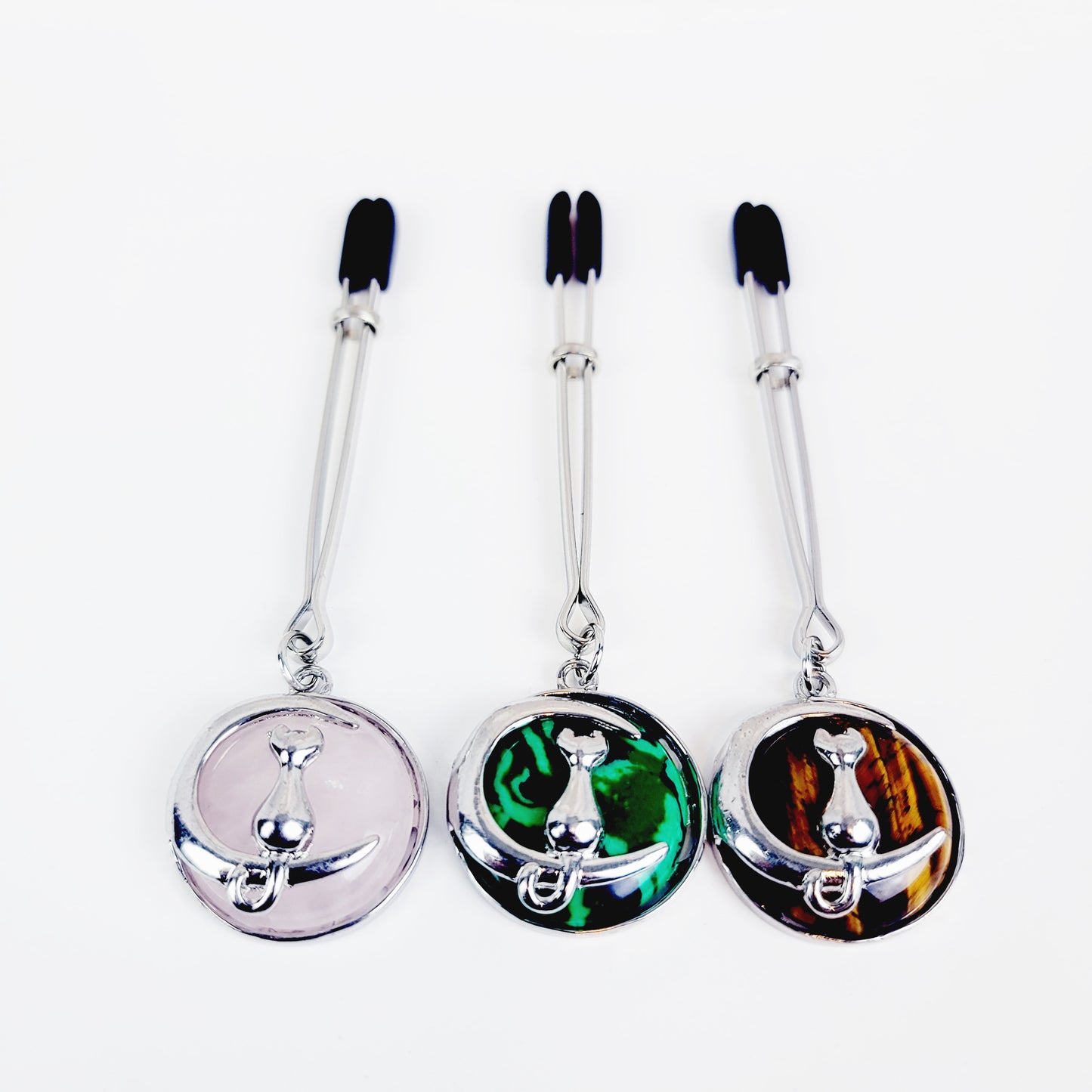 Tweezer Clit Clamp with Cat on Moon Crystal Pendant. BDSM Clitoral Clamp