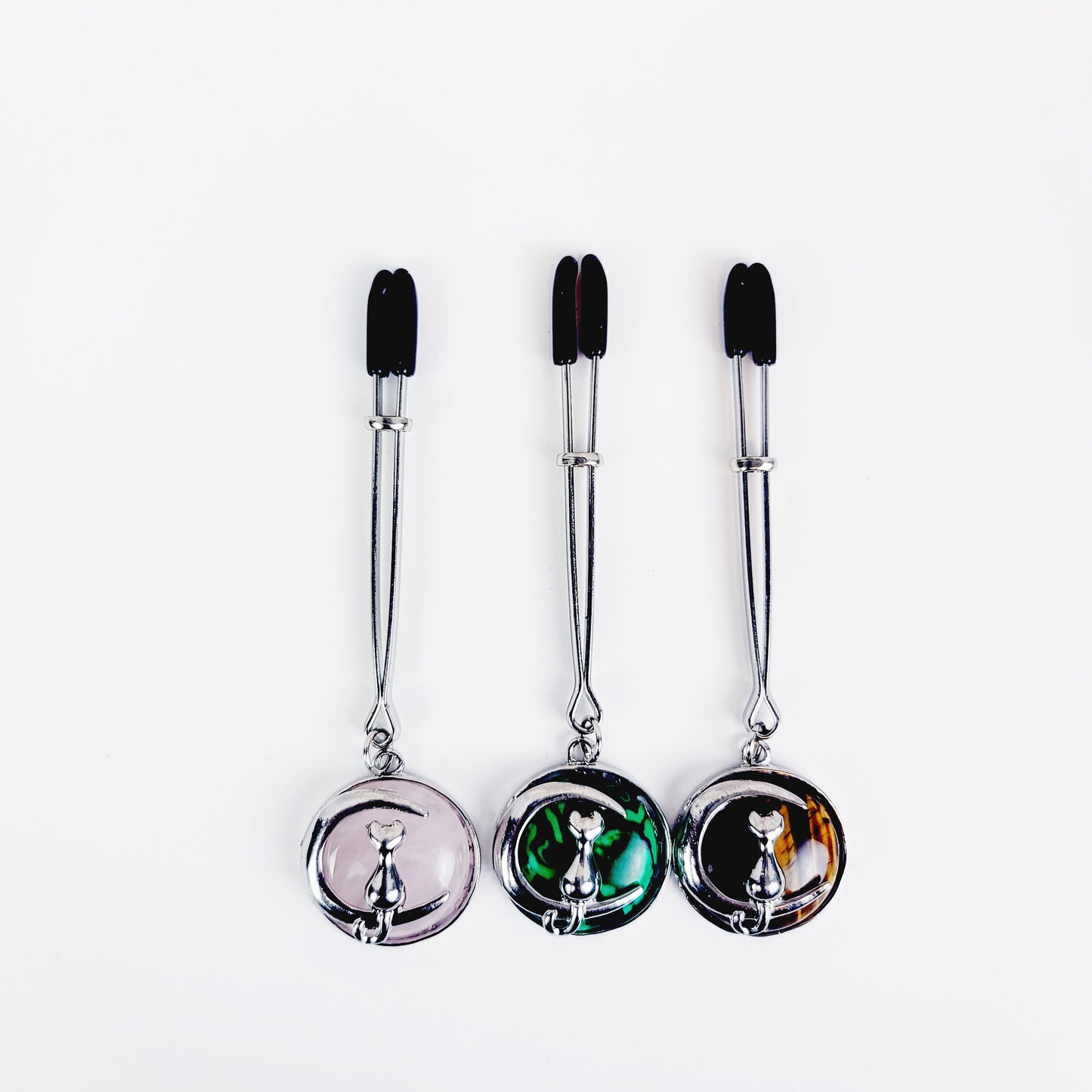 Tweezer Clit Clamp with Cat on Moon Crystal Pendant. BDSM Clitoral Clamp