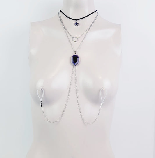 Multi Necklace Set with Amethyst- Necklace to Nipple, Non Piercing and Nipple Clamp Options.