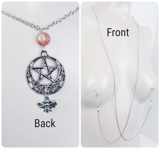 Backdrop Necklace to Nipple with Pentacle and Bee. Choose your stone. Non-Piercing Nipple Nooses, Rings, or Nipple Clamps