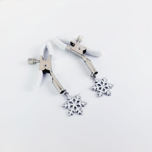 Adjustable Nipple Clamps, White with Snowflakes.