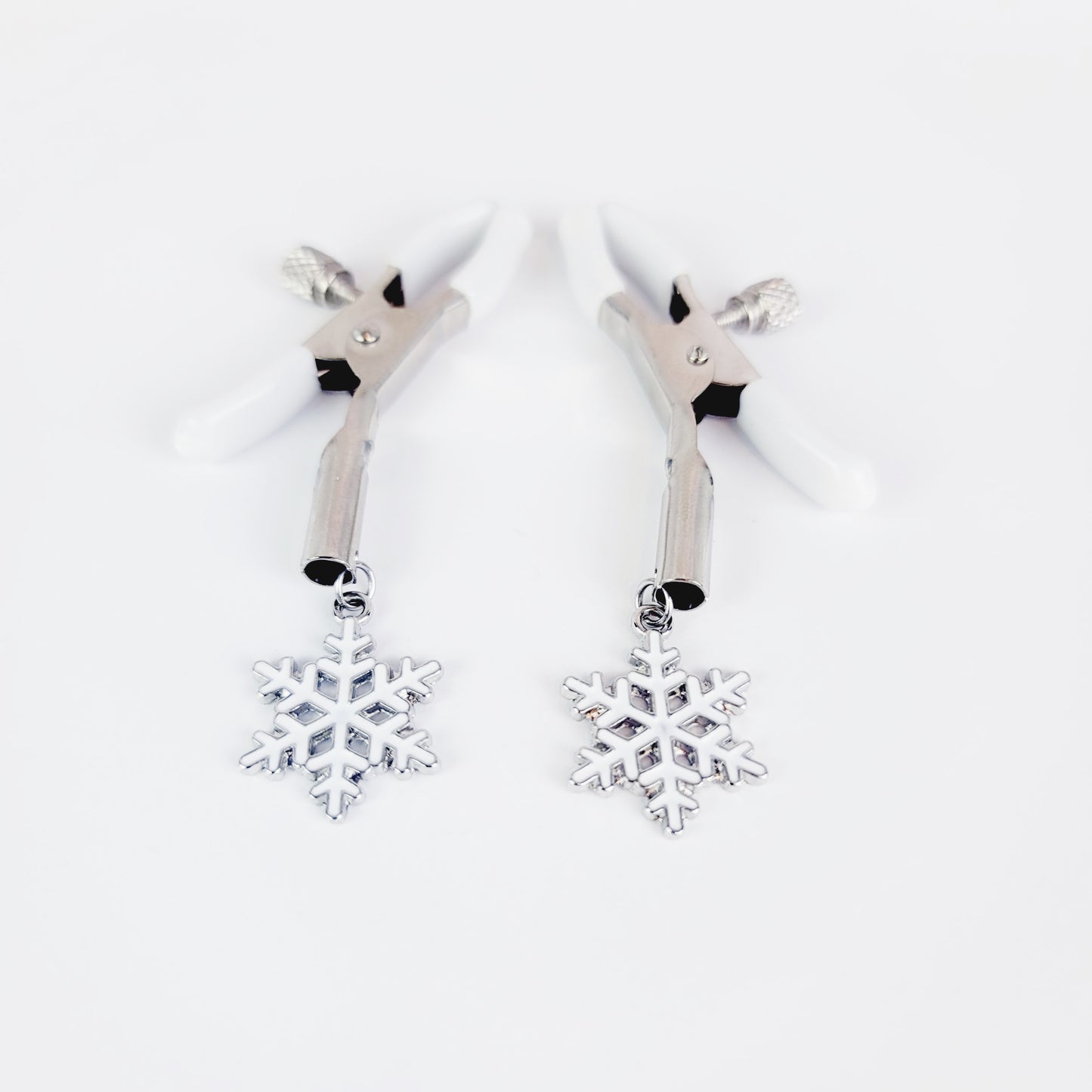 Adjustable Nipple Clamps, White with Snowflakes.