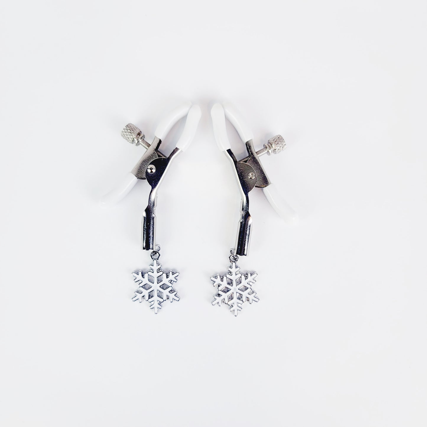 Adjustable Nipple Clamps, White with Snowflakes.