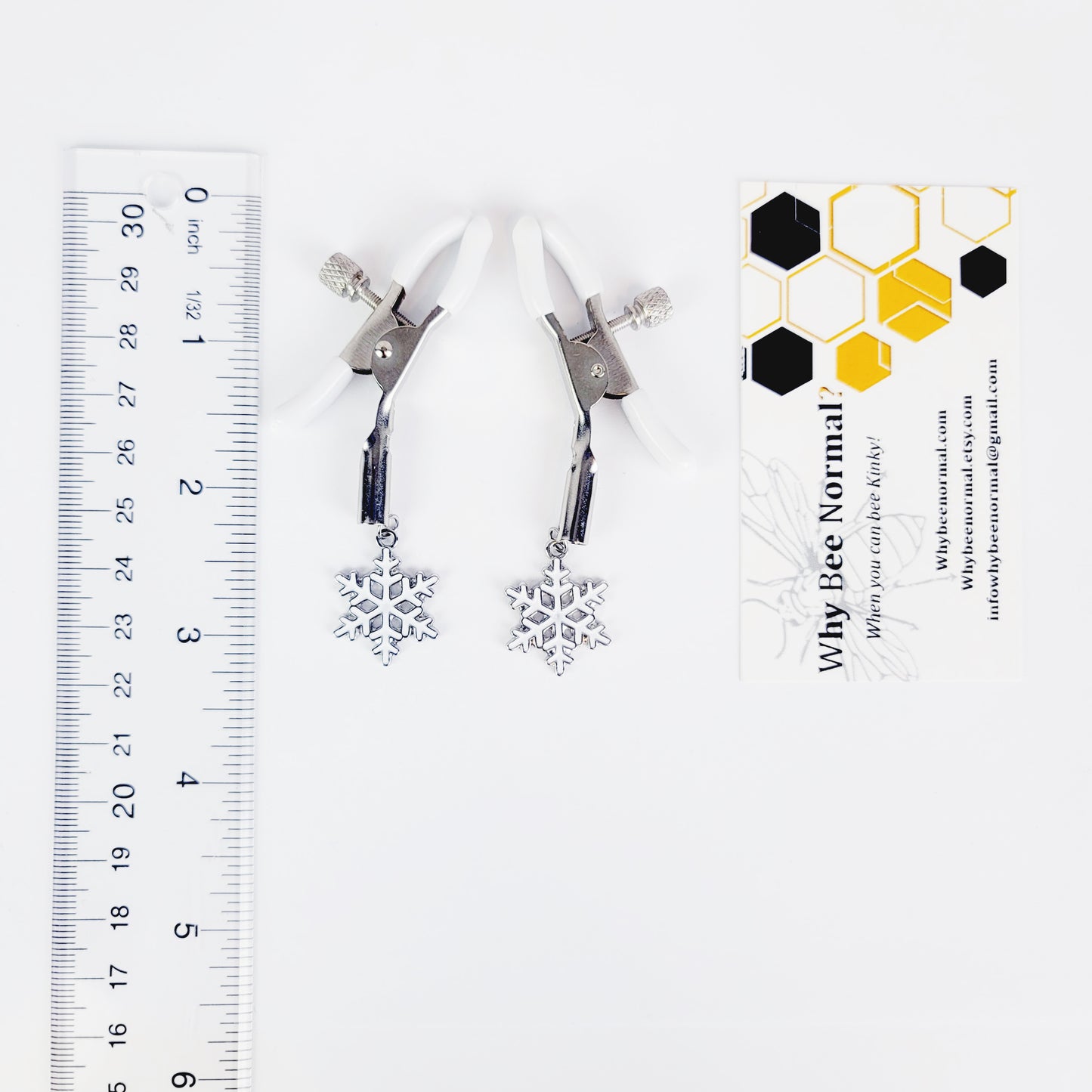 Adjustable Nipple Clamps, White with Snowflakes.