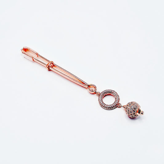 Non Piercing Clit Clamp. Rose Gold Tweezer Clitoral Clamp With Rhinestone Circle and Bead Dangle.