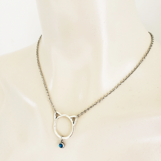 Day Collar ~ Stainless Steel Kitten Necklace with Gemstone. BDSM, Discreet