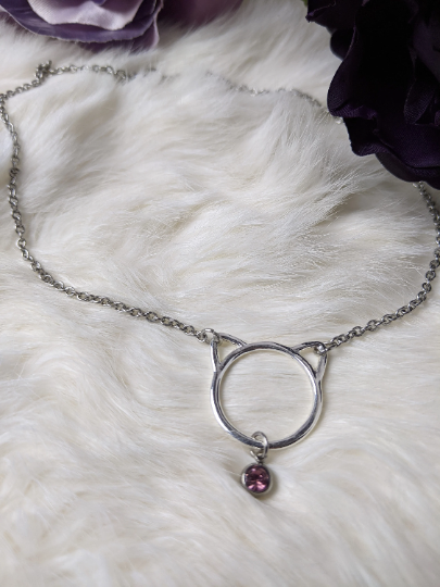 Day Collar ~ Stainless Steel Kitten Necklace with Gemstone. BDSM, Discreet