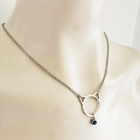 Day Collar ~ Stainless Steel Kitten Necklace with Gemstone. BDSM, Discreet