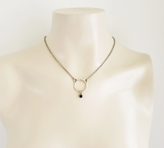 Day Collar ~ Stainless Steel Kitten Necklace with Gemstone. BDSM, Discreet