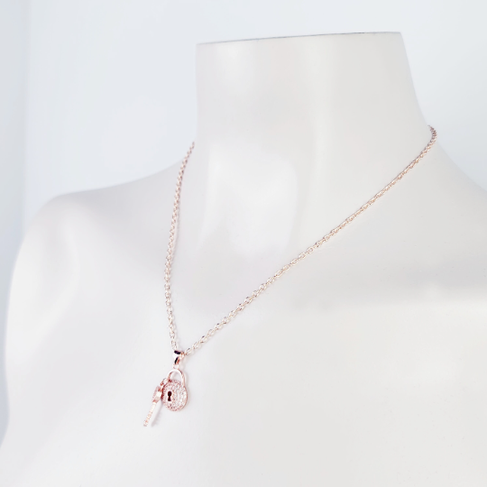 Rose Gold Lock & Key Necklace. Discreet Day Collar for BDSM Submissive