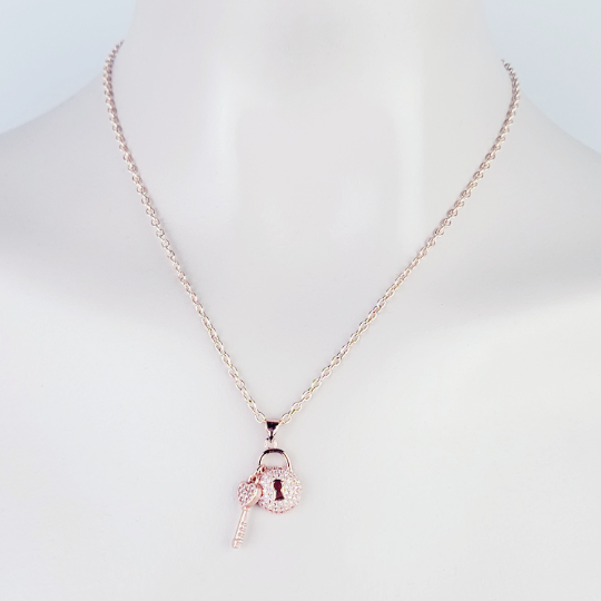 Rose Gold Lock & Key Necklace. Discreet Day Collar for BDSM Submissive