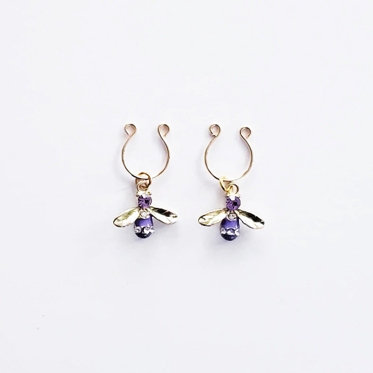 Non Piercing Nipple Rings. Gold With Purple Bees. BDSM, Sex Toy for Women, Fake Piercings