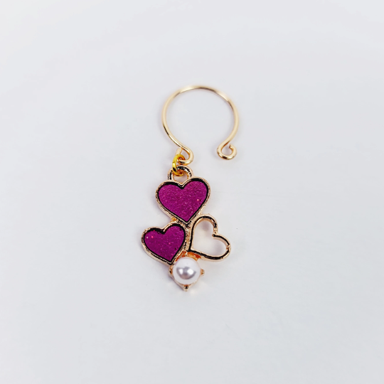 Gold Nipple Rings with Pink Hearts and Pearl, Non Piercing. Intimate Body Jewelry