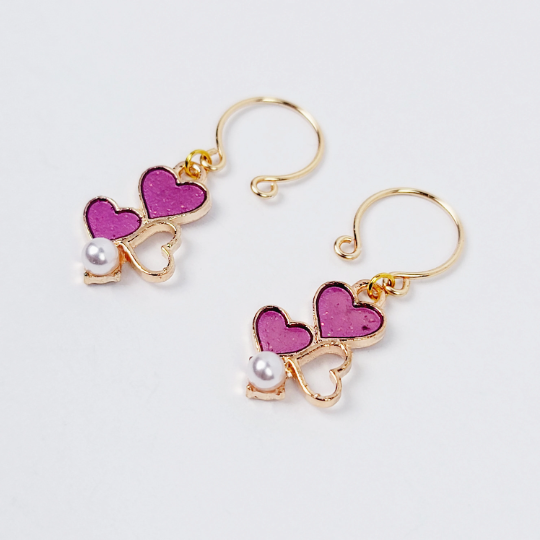 Gold Nipple Rings with Pink Hearts and Pearl, Non Piercing. Intimate Body Jewelry