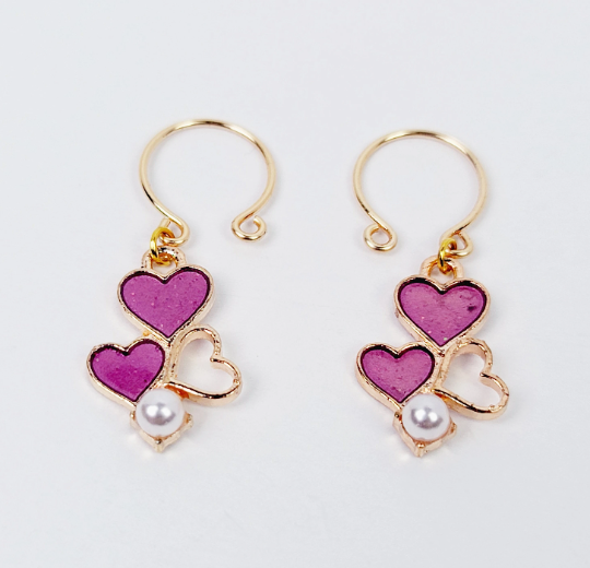 Gold Nipple Rings with Pink Hearts and Pearl, Non Piercing. Intimate Body Jewelry