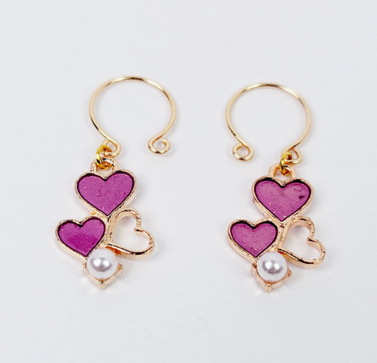 Gold Nipple Rings with Pink Hearts and Pearl, Non Piercing. Intimate Body Jewelry