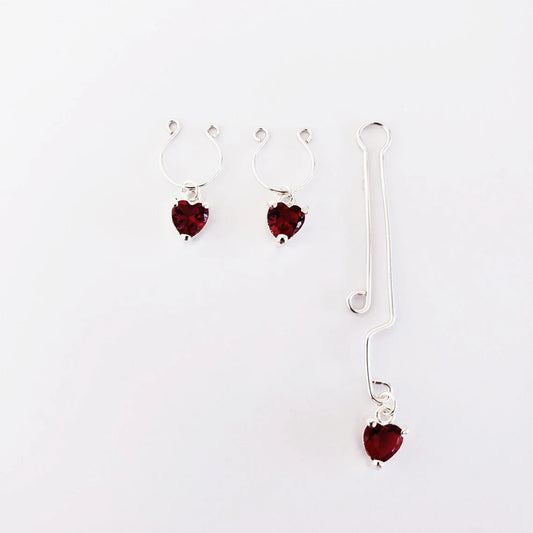 Non Piercing Nipple Rings and Labia Clip with Red Crystal Heart. Intimate Body Jewelry