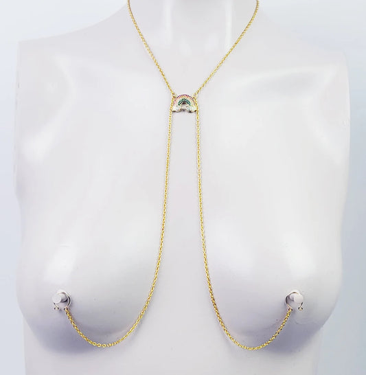 Rainbow Necklace to Nipple, Non Piercing. Choose Nipple Nooses, Rings, or Nipple Clamps. MATURE, BDSM, Pride
