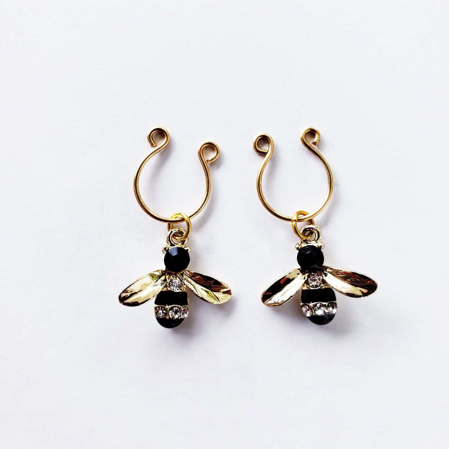 Gold Non Piercing Nipple Rings with Rhinestone Bumble Bees