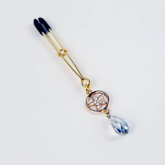 Sparkling Gemstone Star and Crystal Dangle Tweezer Clitoral Clamp GOLD