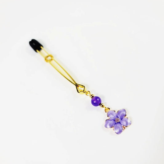 Gold Tweezer Clitoral Clamp with Purple Flower and Stone Bead