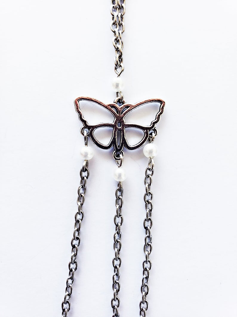 Triple Tweezer Clamp Butterfly and Pearl Necklace