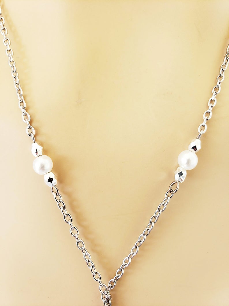 Triple Tweezer Clamp Butterfly and Pearl Necklace