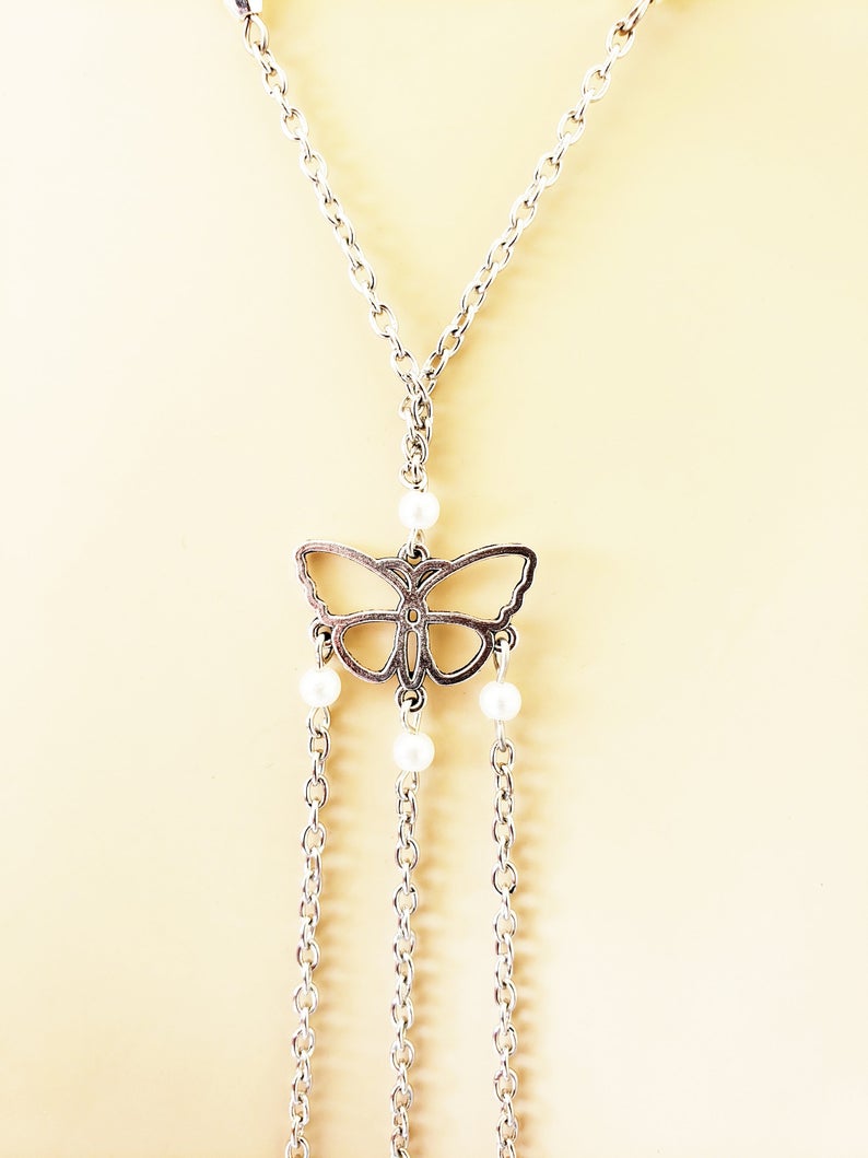 Triple Tweezer Clamp Butterfly and Pearl Necklace