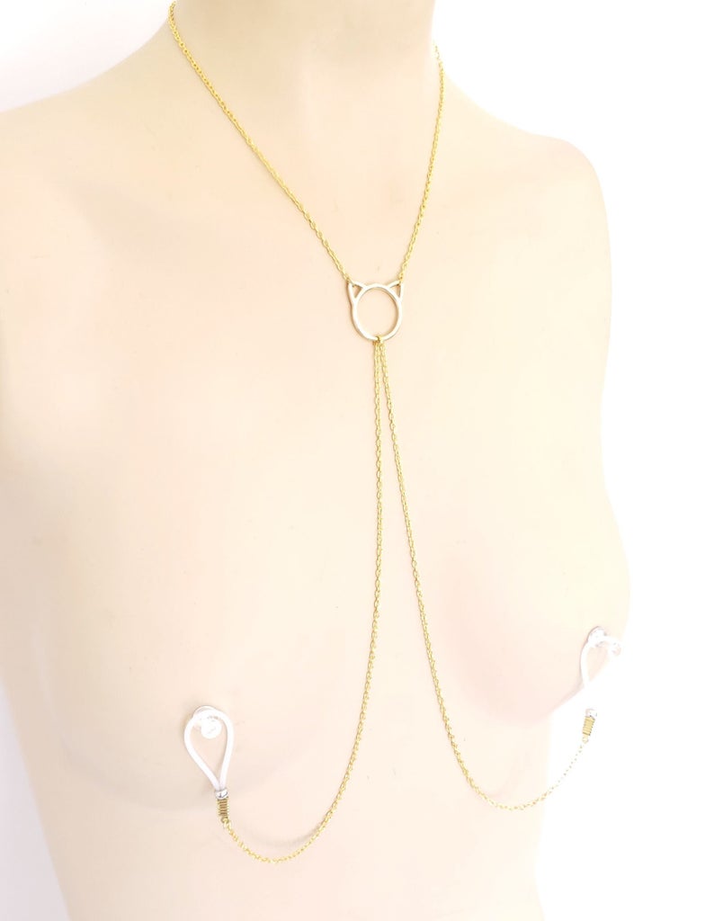 Gold Kitten Necklace to Nipple, Non Piercing