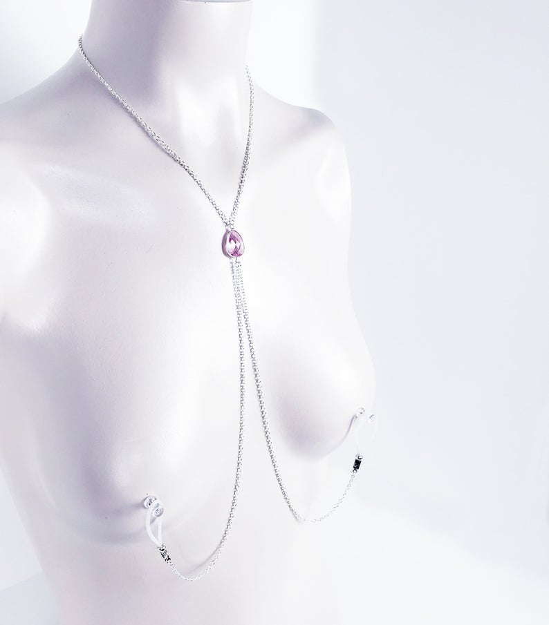 Erotic Necklace with Crystal and attached Nipple Chains