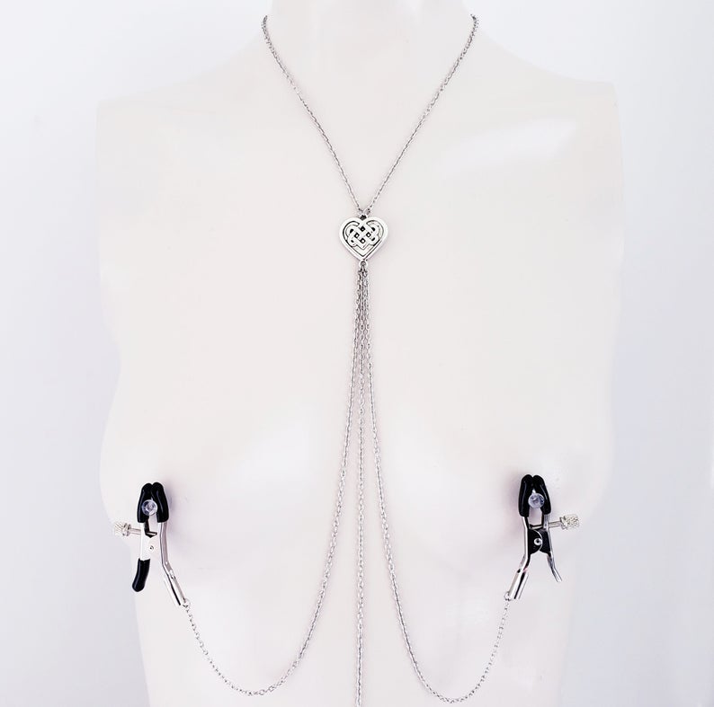 Necklace to Nipple and Clit Clamps with Celtic Knot Heart