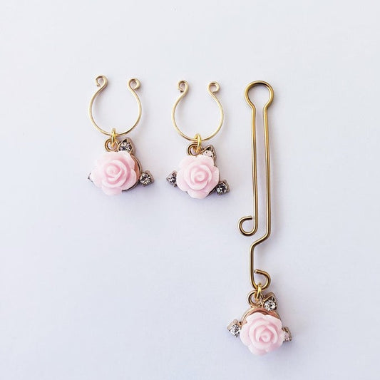 Gold Nipple Rings and Labia Clip with Pink Rose and Gems