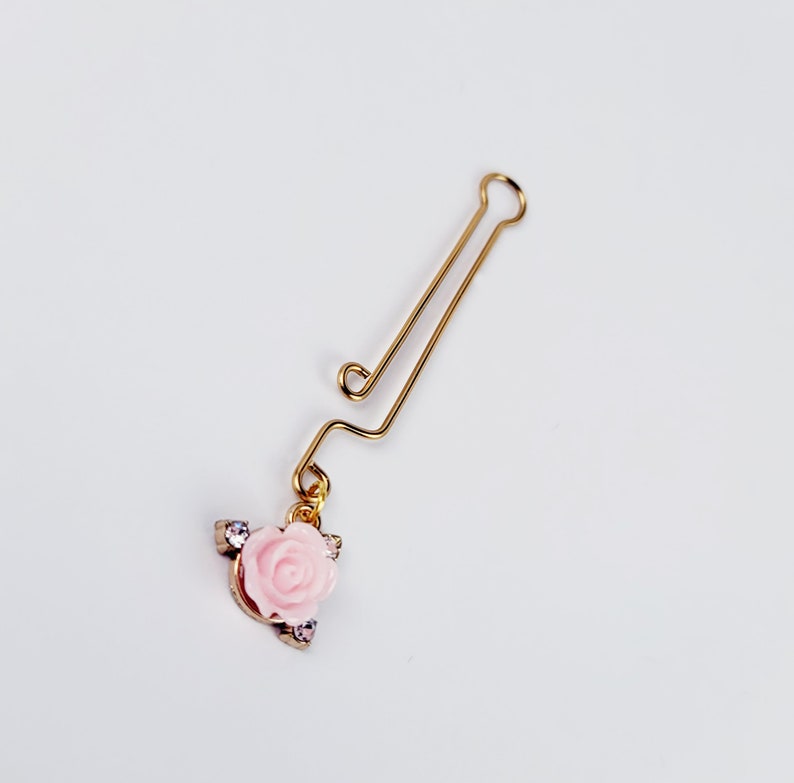 Gold Clit Clamp with Pink Rose. Non Piercing Labia Clip.