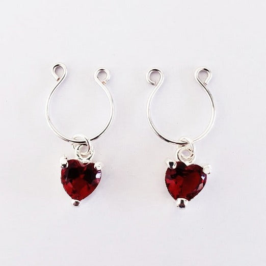 Nipple Rings with Red Gemstone Hearts