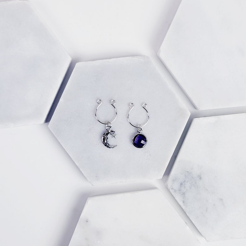 Nipple Rings with Silver Star, Moon, and Purple Gem