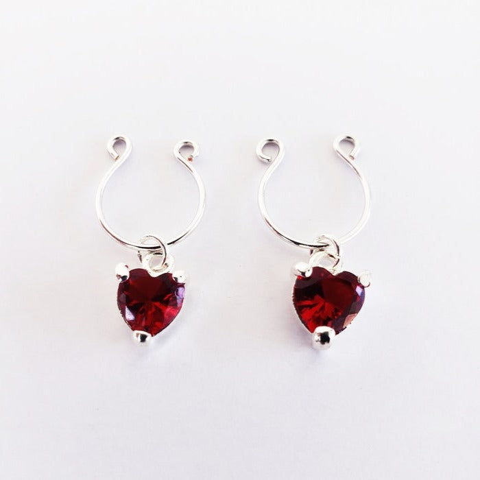 Nipple Rings with Red Gemstone Hearts