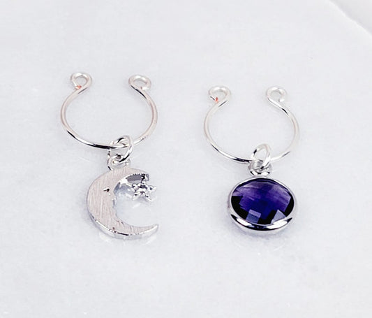 Nipple Rings with Silver Star, Moon, and Purple Gem